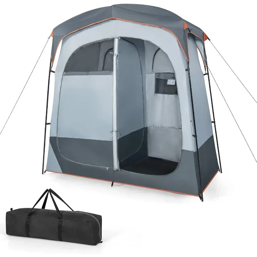 Double Room Shower Tent, Oversize Space Privacy Tent with Floor, Removable Rain Fly, Inside Pocket, Clothesline, Top Hook, Port