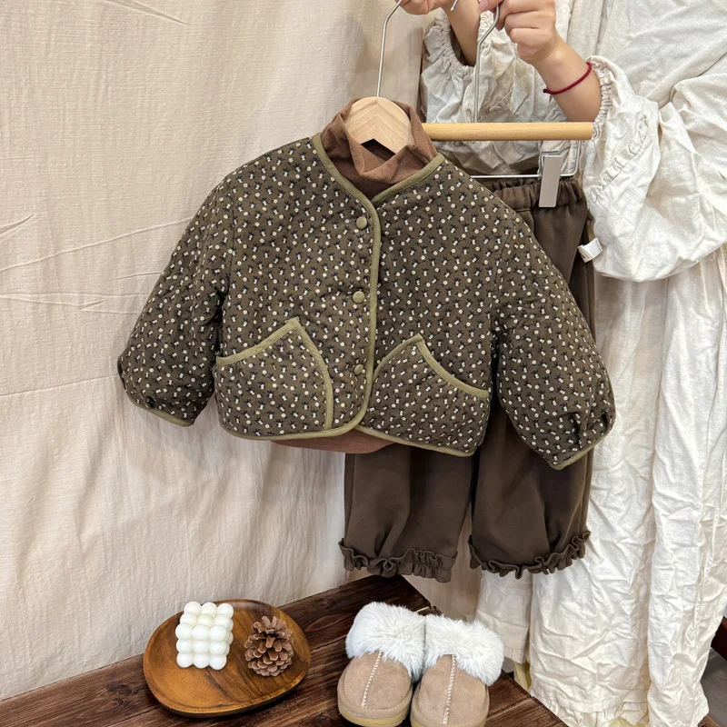 2025 New Autumn and Winter Korean Style Girls Floral Quilted Jackets Thickened Tops Kids Cotton Coats Boutique Clothing