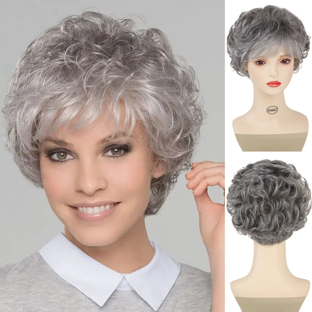 

Premium Synthetic Short Grey Wig for Women Natural Wigs with Bangs Mother Gifts Soft Old Lady Costume Daily Cosplay Grandma Use