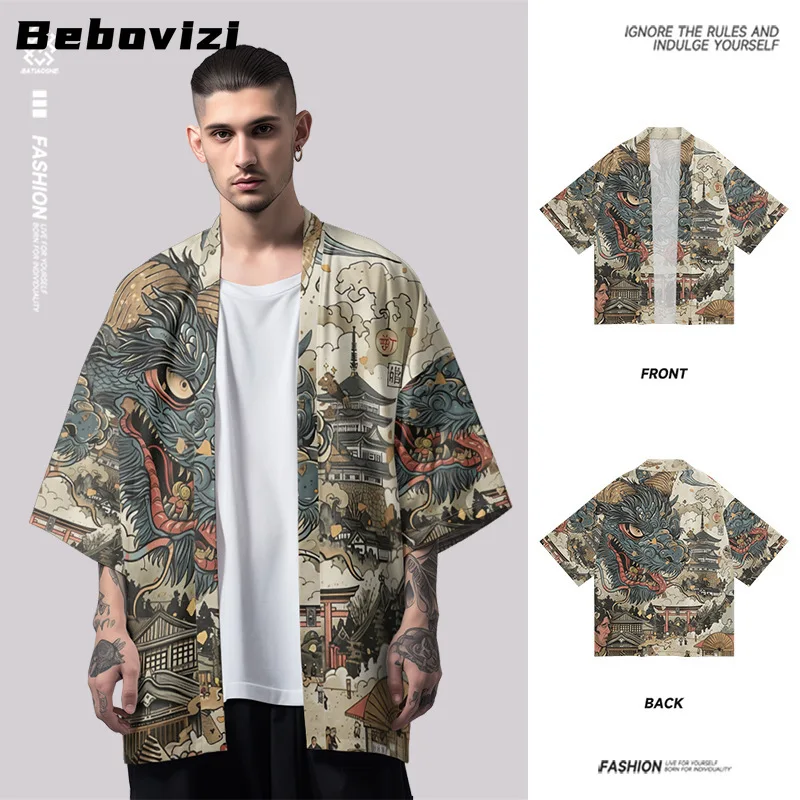 

Модный повседневный кардиган юката, аниме с принтом дракона, кимоно в японском стиле, летнее пляжное кимоно для мужчин и женщин, традиционный хаори, большие размеры