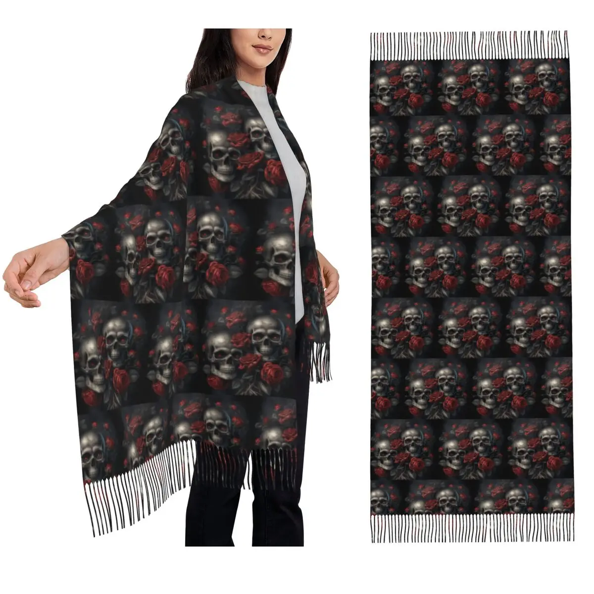 Skulls With Roses Scarf Tassel Scarves for Women Soft Warm Shawls and Wraps Long Fall Winter Shawl Wrap