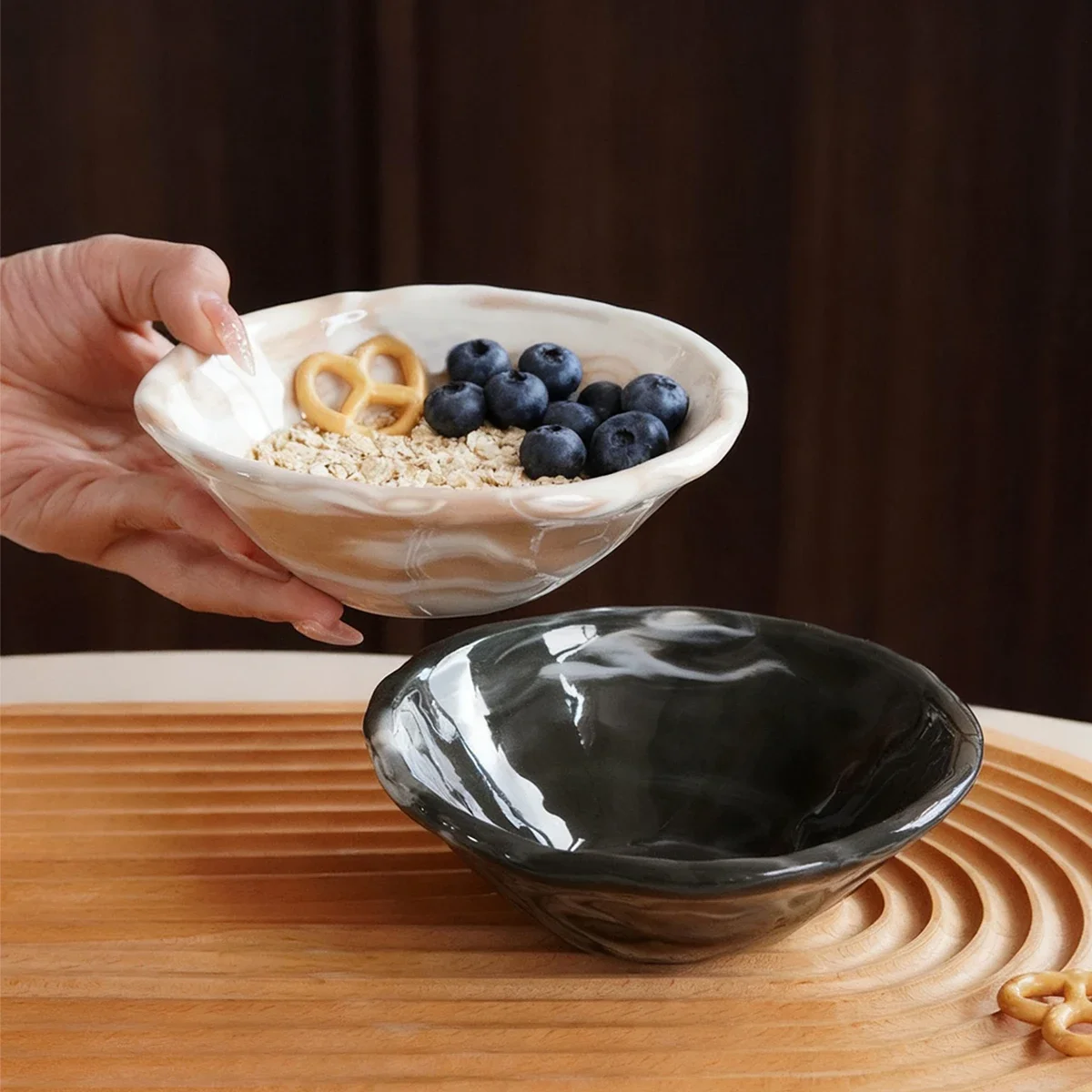 1Pc Handmade Imitation Marble Texture Ceramic Bowl Lightweight Salad Bowl, Yogurt Bowl with Irregular Lace Design, Dessert Bowl,