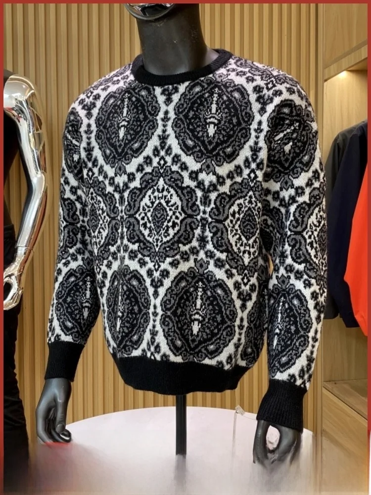 

Шелковый длинный хлопковый вязаный свитер, повседневная круглая мужская осенне-зимняя одежда с цветочным узором