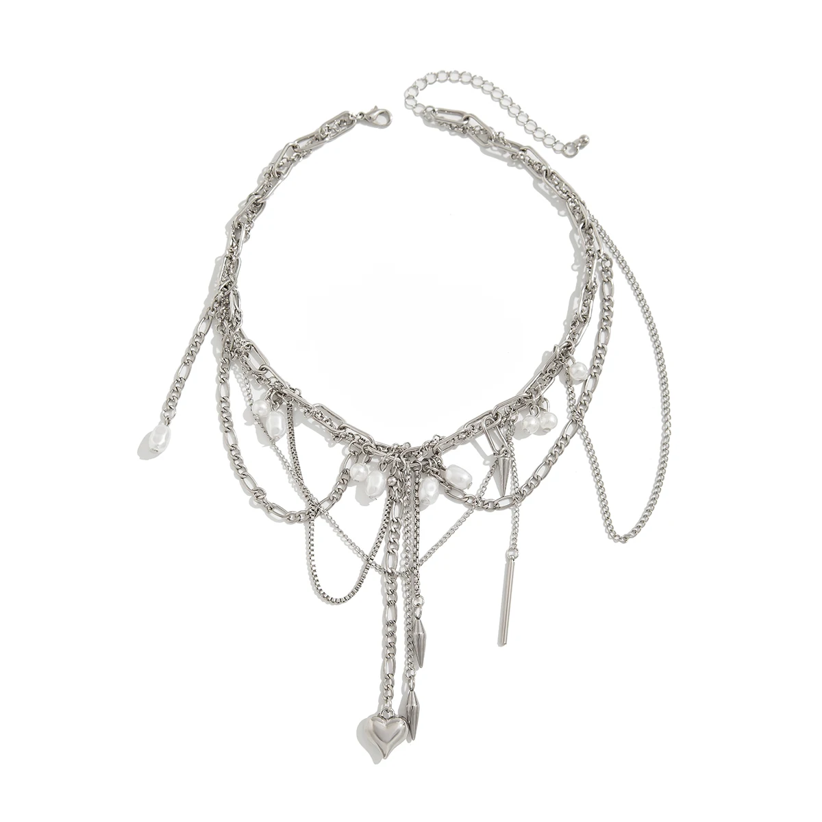 Ingemark Multilayer Tassel Love Heart Pendant Choker Necklace for Women Trend Punk Silver Color Metal Chain Party Jewelry Gift
