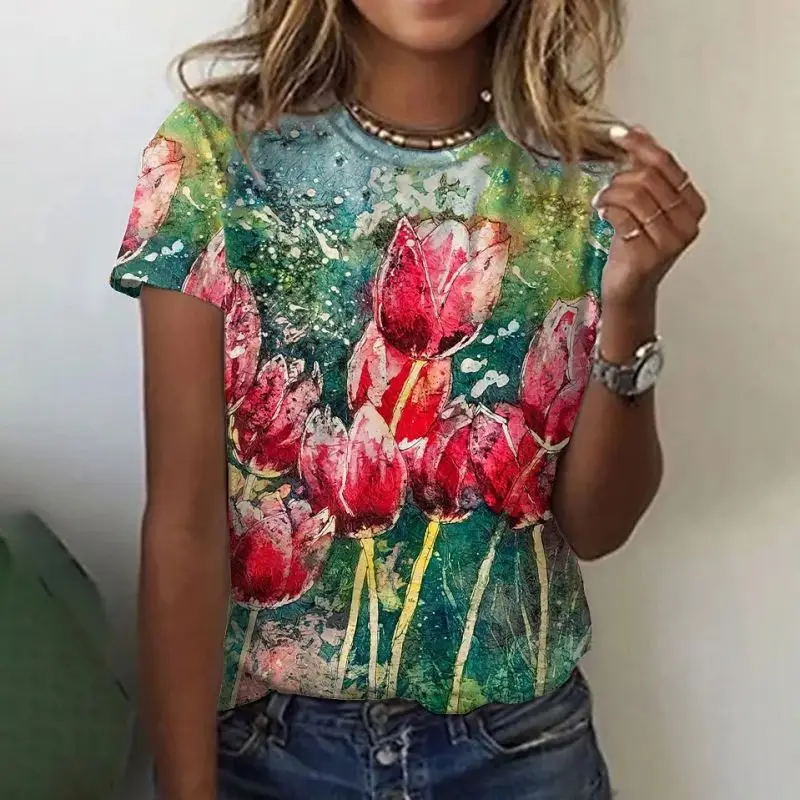 2024 Summer Women\'s T-Shirt Fashion Flower T-Shirt Beautiful Landscape Painting T-Shirt Women\'s Top Printed Oversized Pullover
