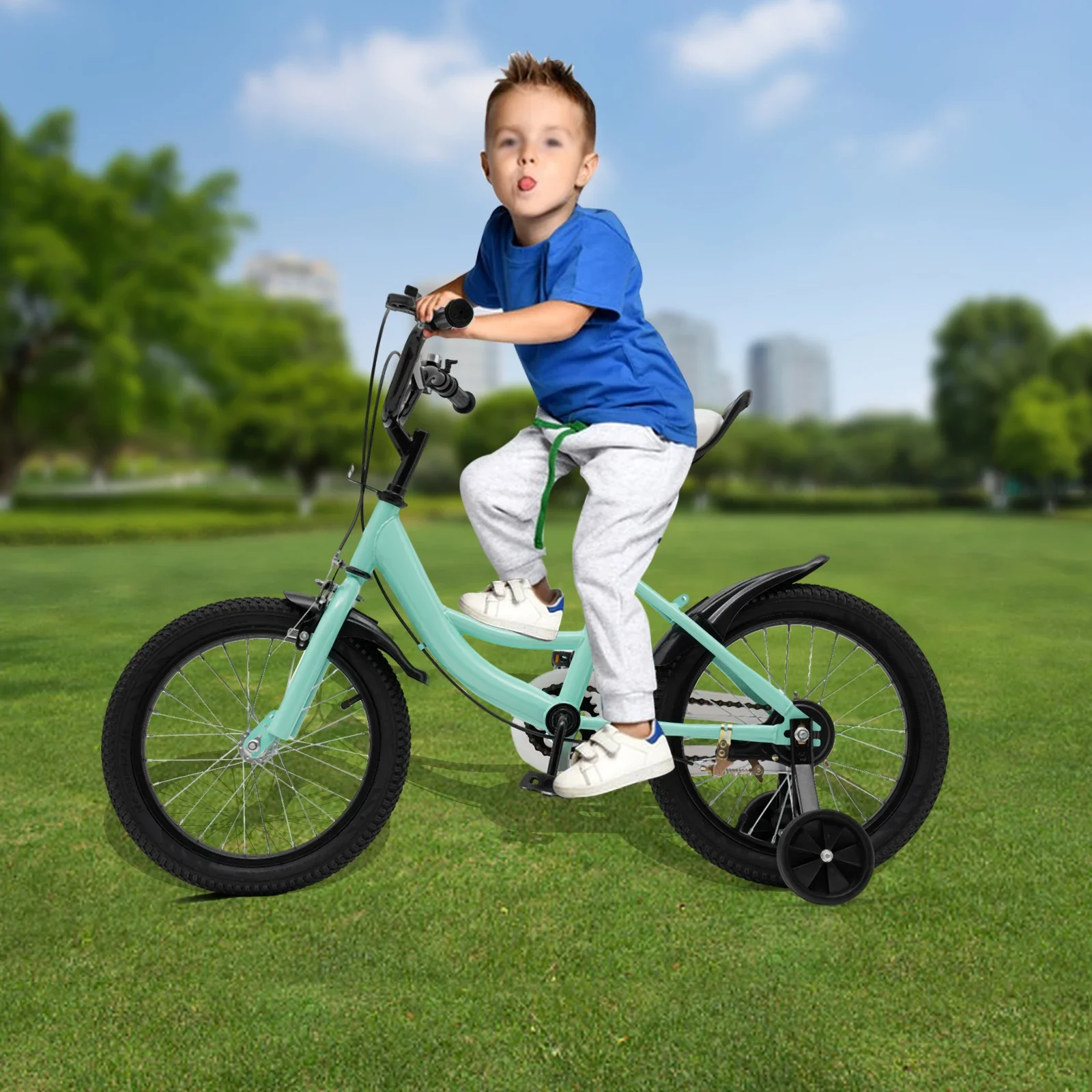 Green and Black 16 Inch Children Bicycle with 50kg Bearing Capacity and Removable Training Wheels for Girls and Boys