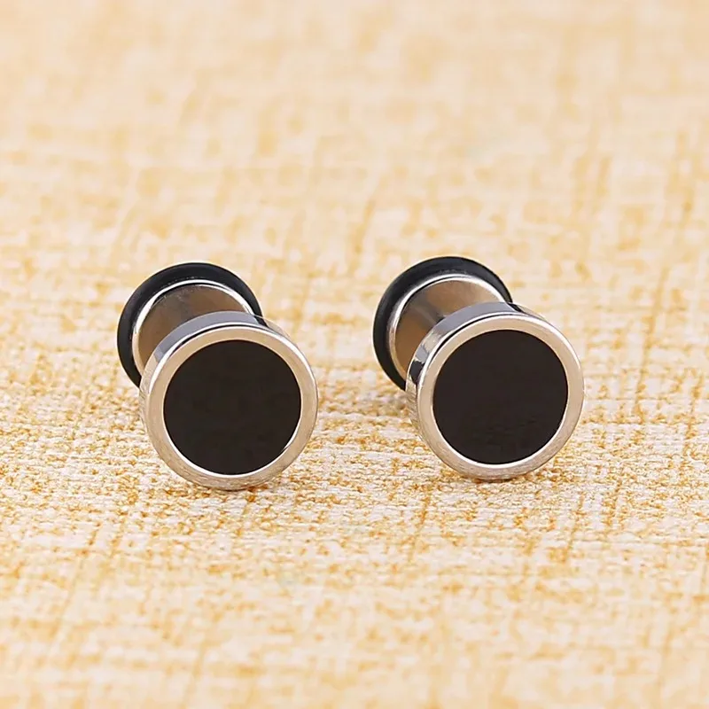 2pcs 16G Titanium Steel Men's Earings, Round Black Oil Drip Stud Earrings For Men Fashion Stainless Steel Punk Jewelry Gift