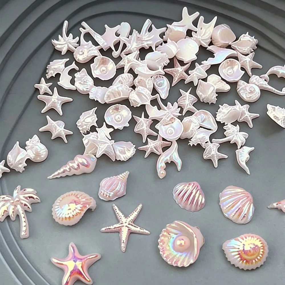 30/50 Piezas de Adornos Iridiscentes Rosados para Uñas con Temática Oceánica, Resina 3D, Conchas, Estrellas de Mar, Colas de Sirena, Palmeras de Coco, Decoración de Uñas para Verano y Playa, Manicura DIY