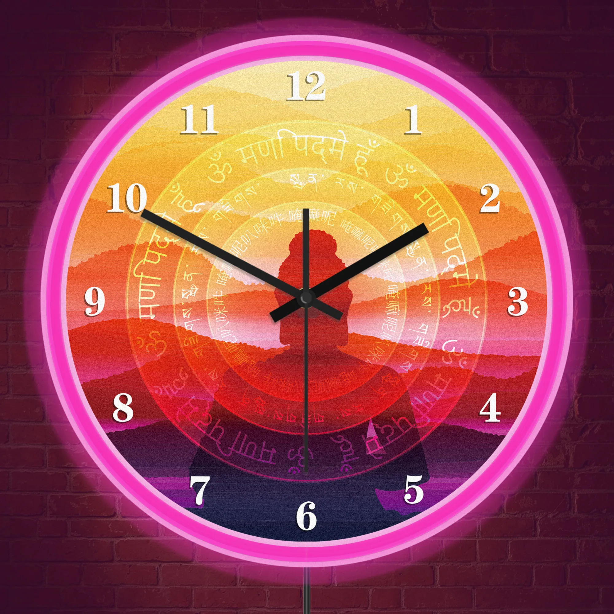 Buddha Silhouette Mantra Mountain Sunset LED Neon Light Wall Clock For Yoga Studio Sanctuary Zen Spiritual Meditation Ornament