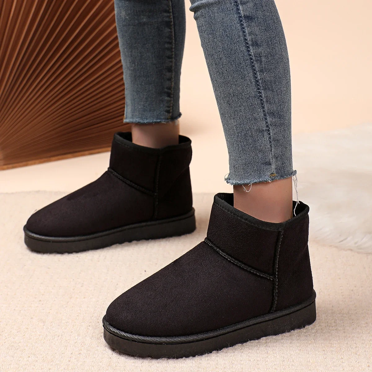 Modische/Sexy Rutschfeste Winterstiefel mit Flachem Schaft, Neue Runde Zehenpartie, Bequeme und Lässige Warme Schneestiefel für Damen – Detail 4