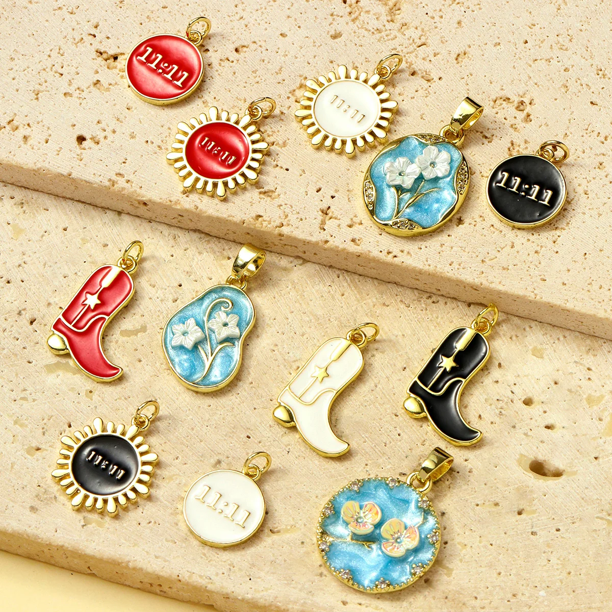 3pcs/Lot Copper Zircon Angel Number 1111 Round DIY Charms Enamel Boots Flower Pendants Women Earring Jewelry Making