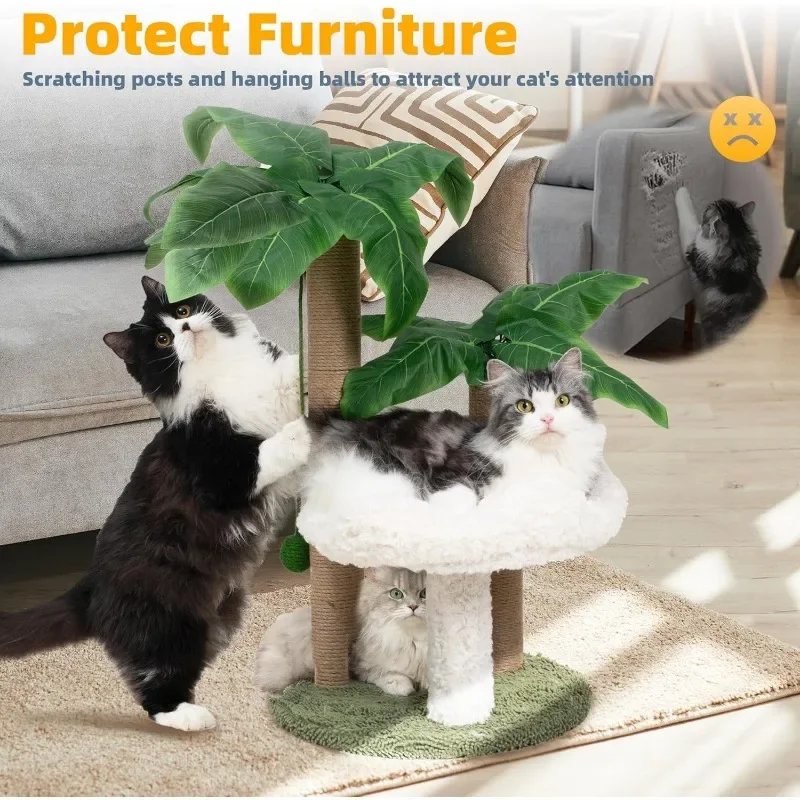 Cat Scratching Post Palm Tree with Bed Cloud Cute for Indoor Large Cats 3 Poles Sisal Hanging Balls Perch Scratcher Kitten