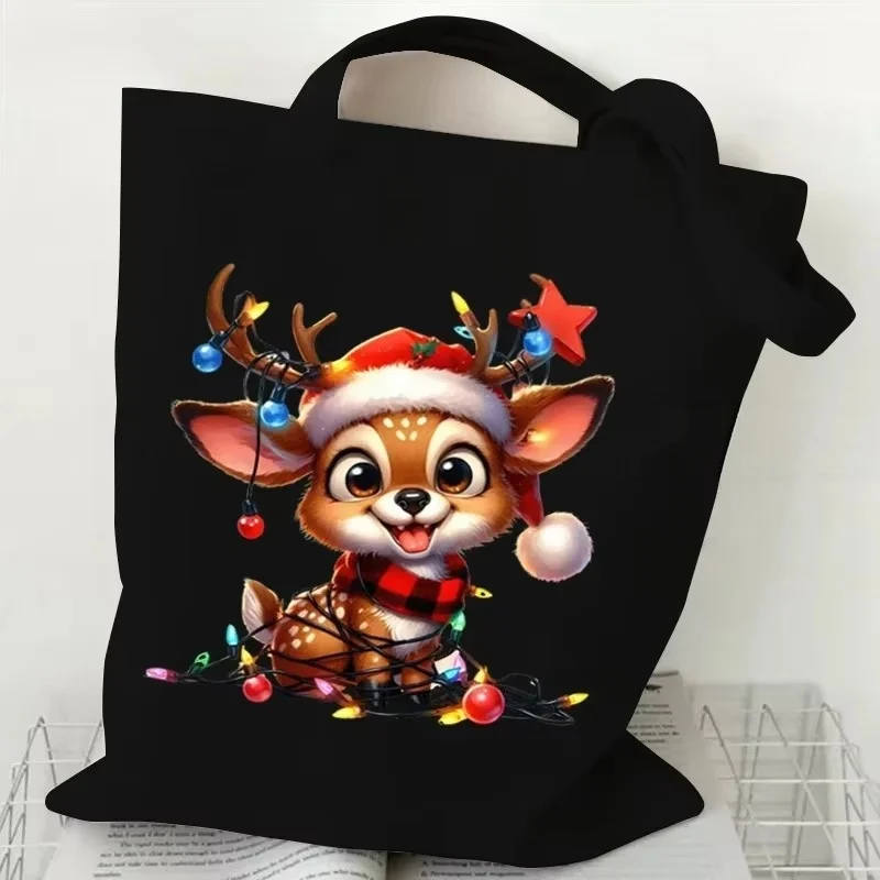 Cute Christmas Reindeer Canvas Tote Bag Cartoon Fawn Santa Hat Xmas Light Print Shoulder Handbag Casual Shopping Bag