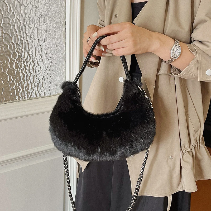 Halbmond-Design Lammwoll-Handtasche Clutch für Damen 2026 Winter Weiche Flauschige Handtasche Halbkreis-Plüsch-Umhängetasche Bolsa – Detail 21