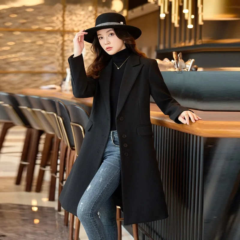 

2025 НОВЫЕ модные шерстяные длинные пальто с талией для женщин, длинное однобортное пальто с лацканами све, новое женское пальто для поездок на работу