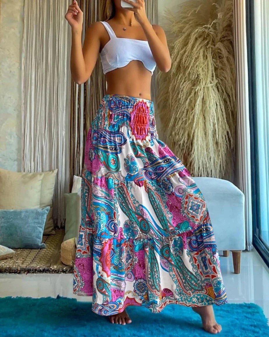 Women Boho Floral Print High Waist Elastic Long Skirt Flowy Tiered Beach Vacation Casual Summer A Line Maxi Skirt