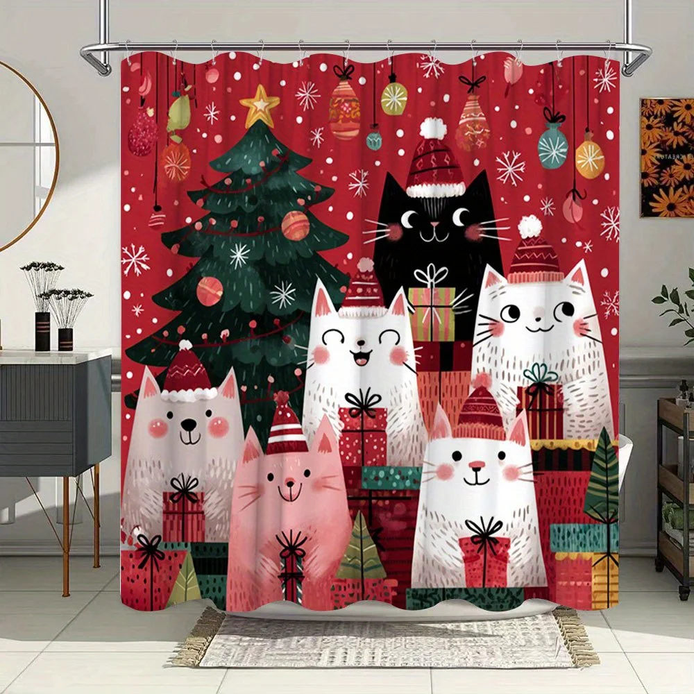 1pc Christmas Cats Shower Curtain Cute Cat Family with Presents and Christmas Tree Fun Holiday Bathroom Decor Bath Partition
