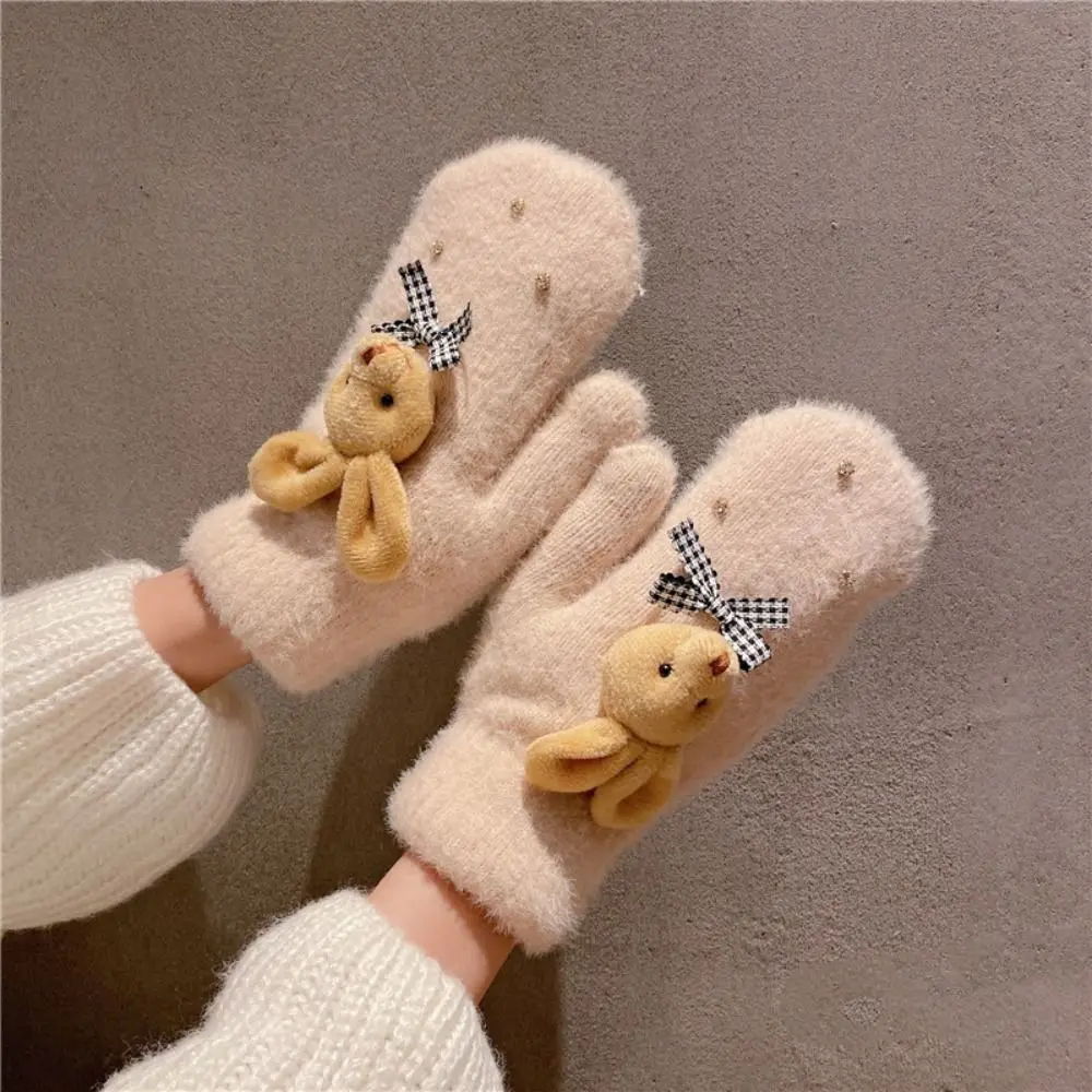 

Зимние теплые плюшевые перчатки с бантом, полнопальцевые варежки, утолщенные вязаные перчатки для студентов, милые перчатки с медведем и кроликом для улицы