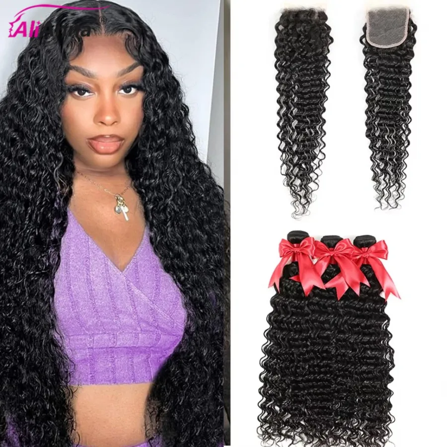 

Пучки глубоких волн с застежкой 4x4, бразильские пучки 100% человеческих волос с застежкой, прозрачные HD кружевные кудрявые вьющиеся пучки волос