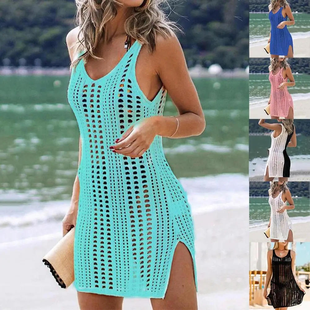 Bikini Cover Up Hollow Out V Neck Summer Sleeveless Slit Beach Dress Beachwear