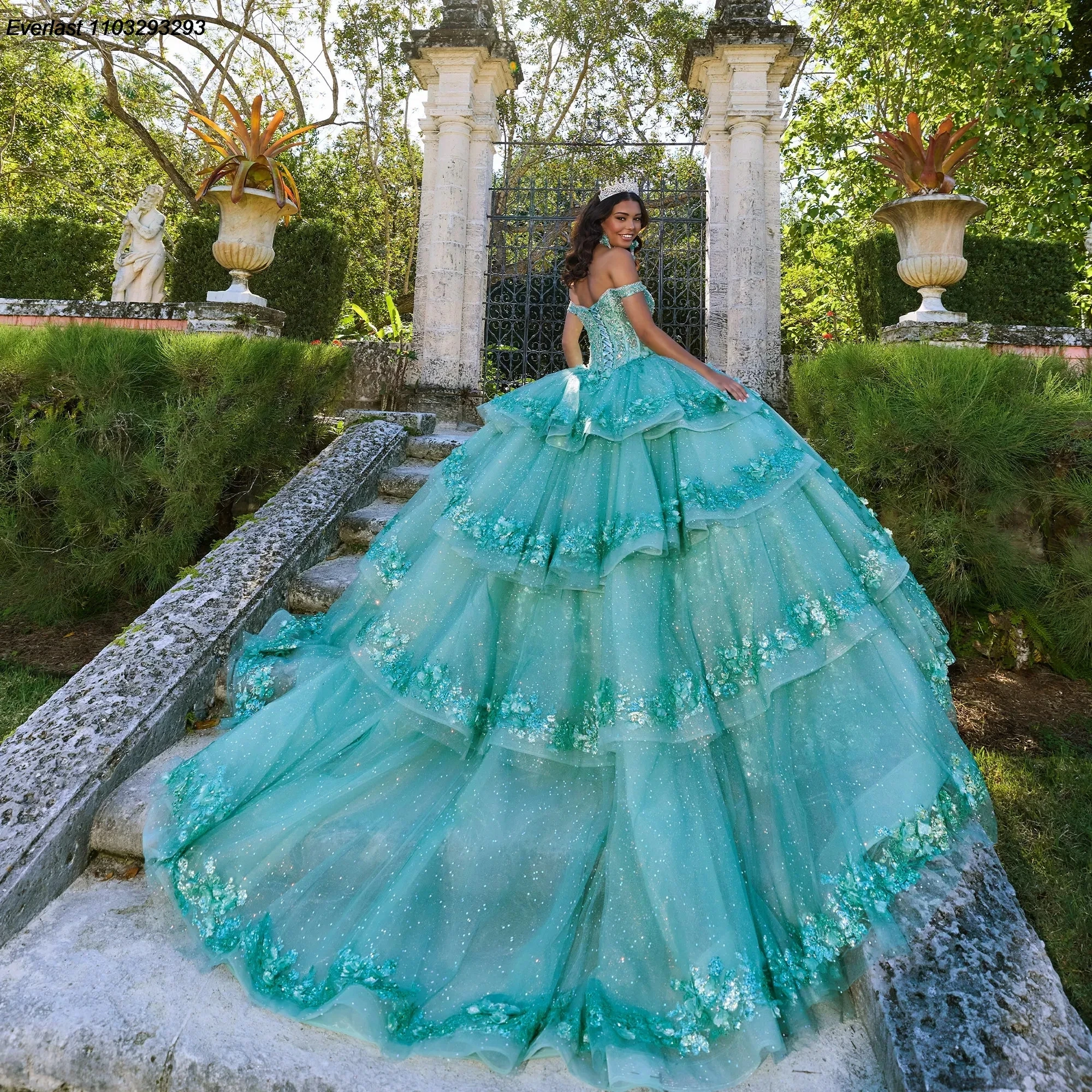 EVLAST Customized Mint Quinceanera Dress Ball Gown 3D Floral Lace Applique Beaded Ruffles Sweet 16 Vestido 15 De Años TQD275