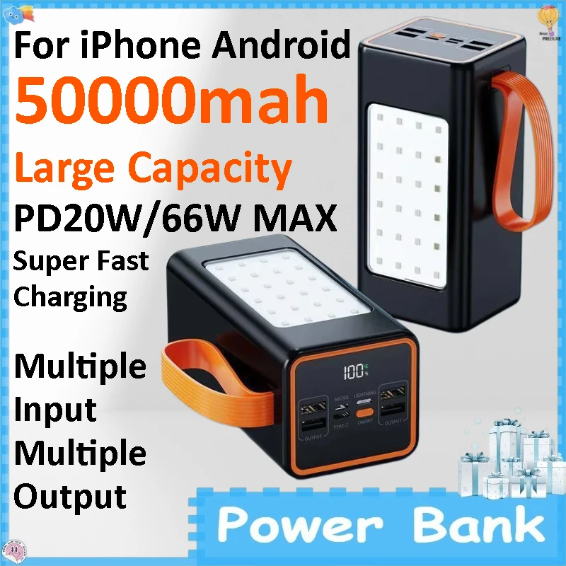 Power Bank 50000mAh 66W Super Fast Charging Large Capacity Portable Outdoor Mobile Power Supply for IPhone Android