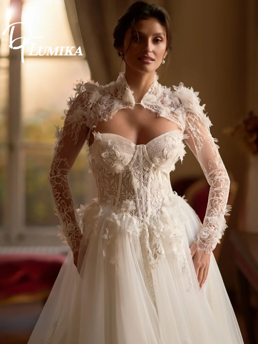Elegant Applique Wedding Dress, Stylish 3d Applique Bridal Gown, Romantic A-Line Floor-Length Wedding Gown Customized