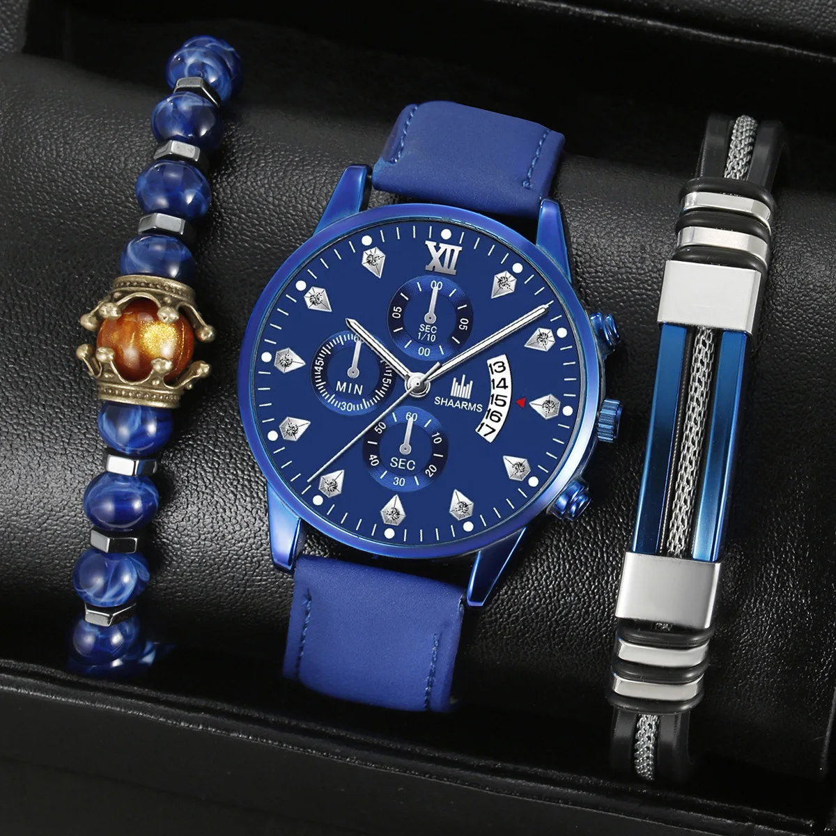 3pcs men's light luxury and versatile high-value Poseidon blue quartz watch with the same color scheme cool bracelet set