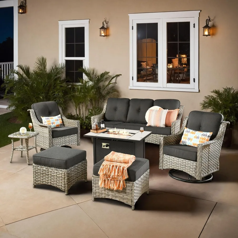 

Outdoor 7 Pieces Coversation Set with 42 Fire Pit Table, Patio Furniture High Back Couch with Swivel Rocking Chair, Rattan