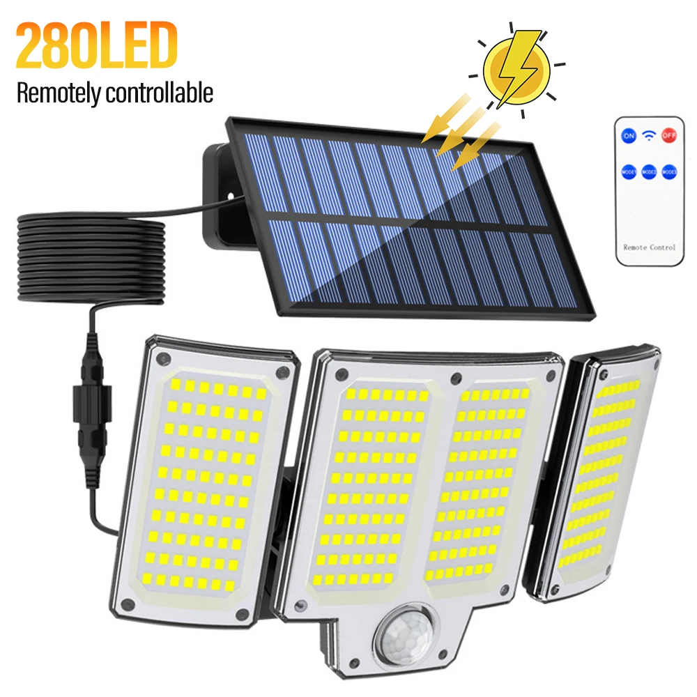 280 LED Outdoor Solar Lights with Motion Sensor Solar Lights with Remote Control 3 Modes 3-Head Solar Floodlight