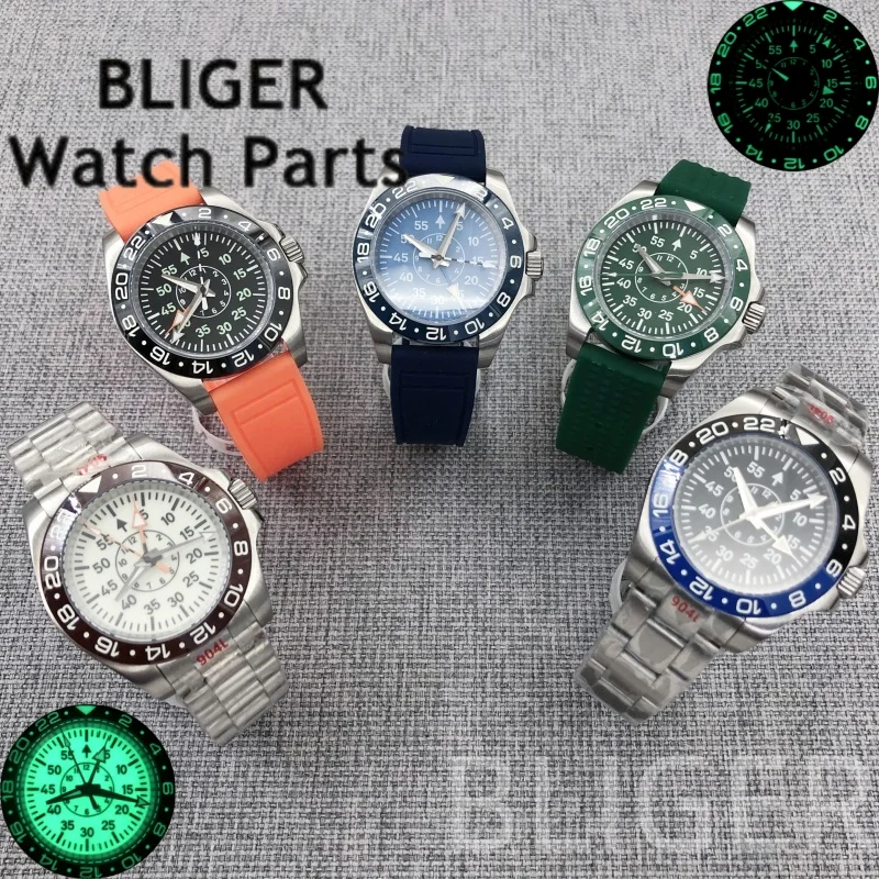 

BLIGER GMT NH34 40mm Men's Automatic Dive Wristwatch Sapphire Glass Fixed Ceramic Bezel Lume 10ATM Rubber/Stainless Steel Strap
