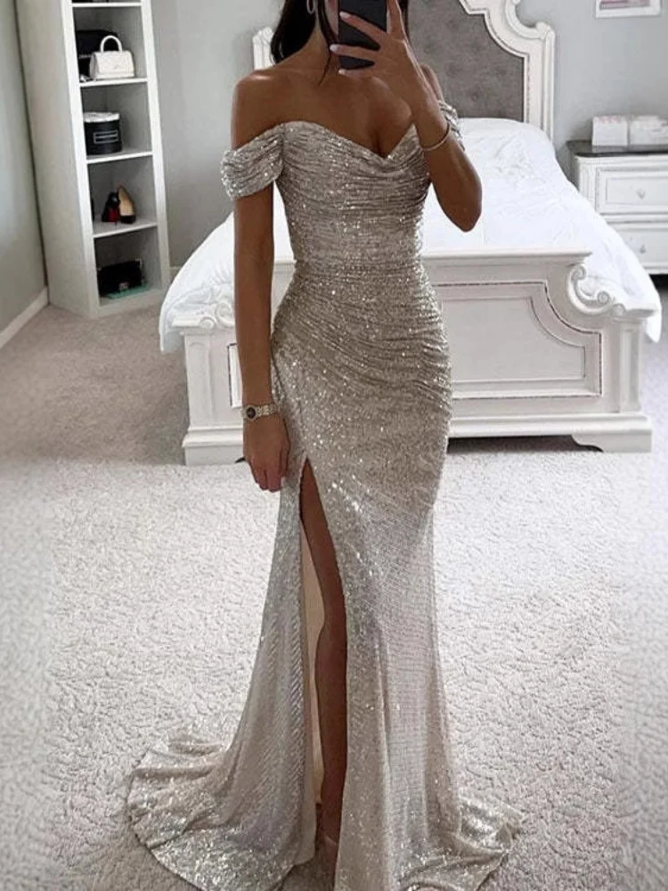 ชุดเดรสยาวผ่าข้างสำหรับงานปาร์ตี้ ผู้หญิง ดีไซน์เซ็กซี่ ประดับเลื่อม คอวี ไหล่เดี่ยว แฟชั่นหรูหรา สำหรับงานพรอม งานราตรี ชุดราตรีผู้หญิง