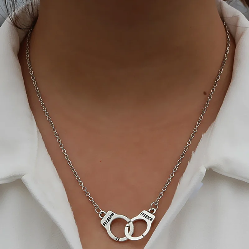Silver‑Tone Handcuffs Pendant Necklace, Engraved Freedom Charm Chain, Punk Hip‑Hop Neck Jewelry for Daily Street Wear Party Gift