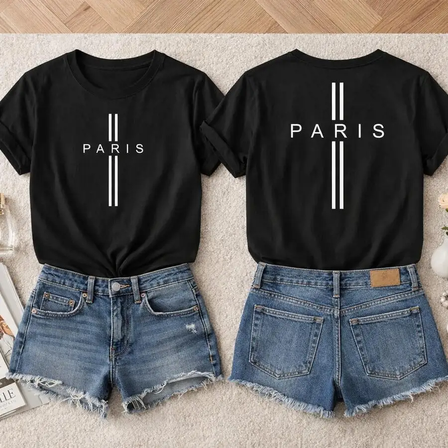

Womens Black Cotton Paris Print Tee With Denim Shorts Set Casual Outfit