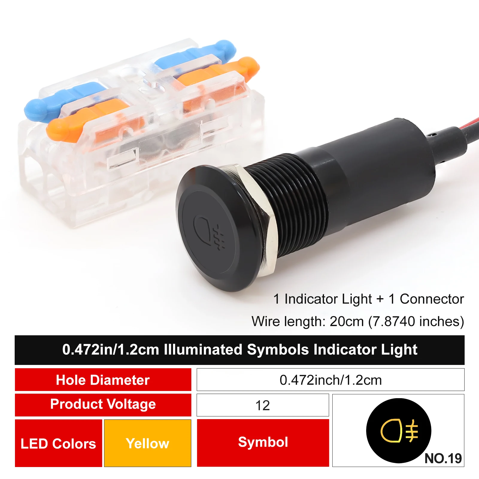 FILN 12mm Symbol-LED-Anzeigeleuchte 12V 24V Schwarze Metall-Anzeigeleuchte mit Kabel für Auto-Armaturenbrett und Maschinen