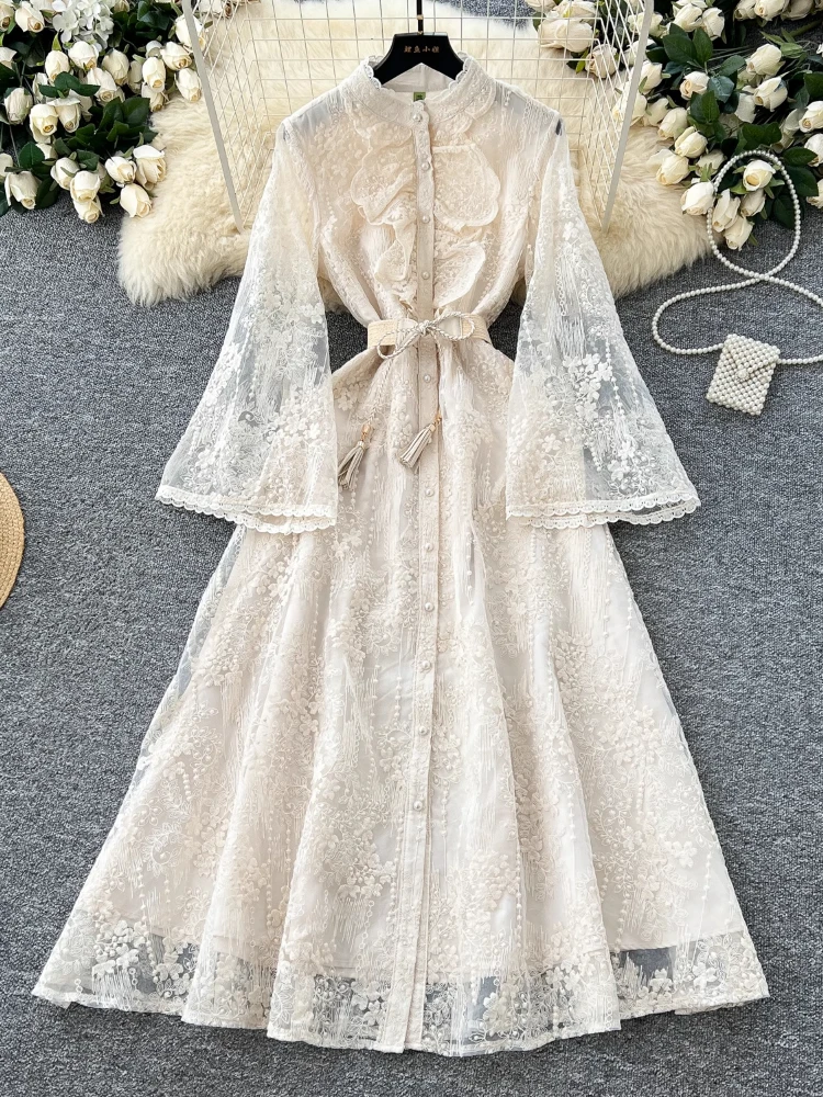 France Elegant Vintage High End Evening Dress Women Embroidery Sashes Luxury Long Party Dress Female Casual Fit Chic Clothing