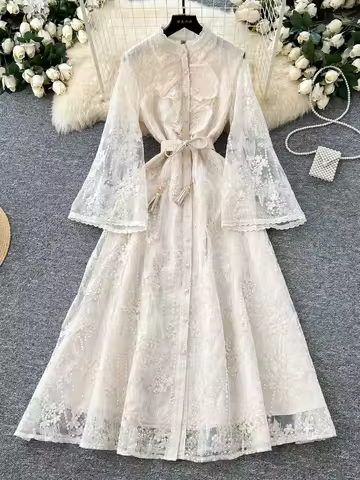 France Elegant Vintage High End Evening Dress Women Embroidery Sashes Luxury Long Party Dress Female Casual Fit Chic Clothing