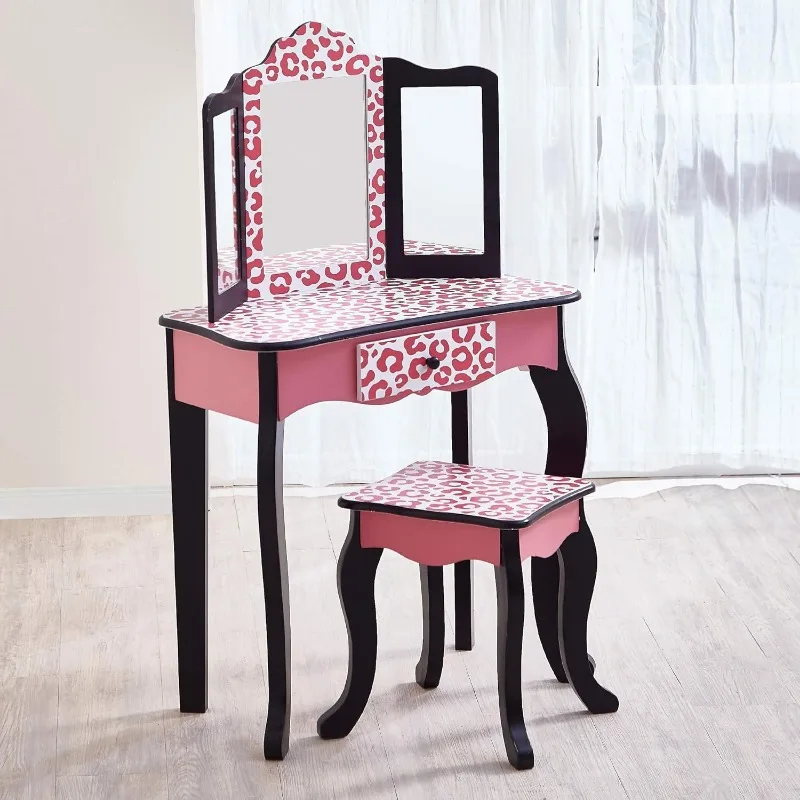 Play Vanity Set with Tri-Fold Mirror, Storage Drawer and Matching Stool to Play Dress-up, Princess or Beauty Shop, Black/Pink