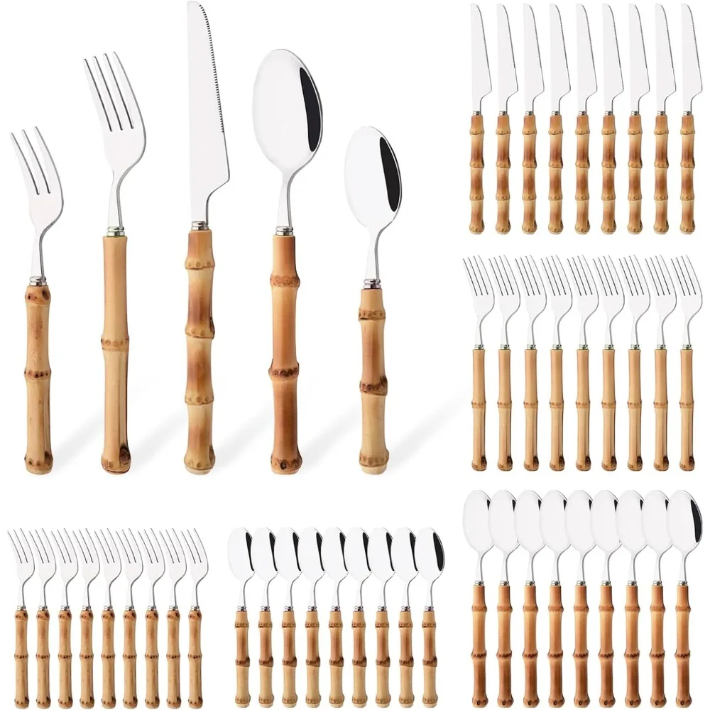 

50-Piece Bamboo Handle Stainless Steel Silverware Set for Home, Restaurant, and Party Use