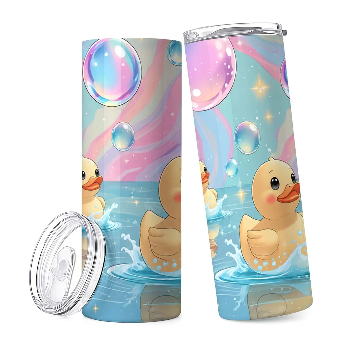 1pc 20Oz Cute Yellow Rubber Ducks Swimming in Blue Water with Colorful Bubbles And Sparkles Pattern Stainless Steel Insulated Tumblers Coffee Office Travel Mug with Lid Cup Daily Use Leakproof And Bpa Free Keep Drink Hot And Cold Ideal Gift for view 6