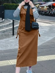 ZANZEA Summer Cargo Midi Dresses Solid Color Turkey Casual Muslim Fashion Suspender Vestidos Women Islamic Hijab Overall Dress