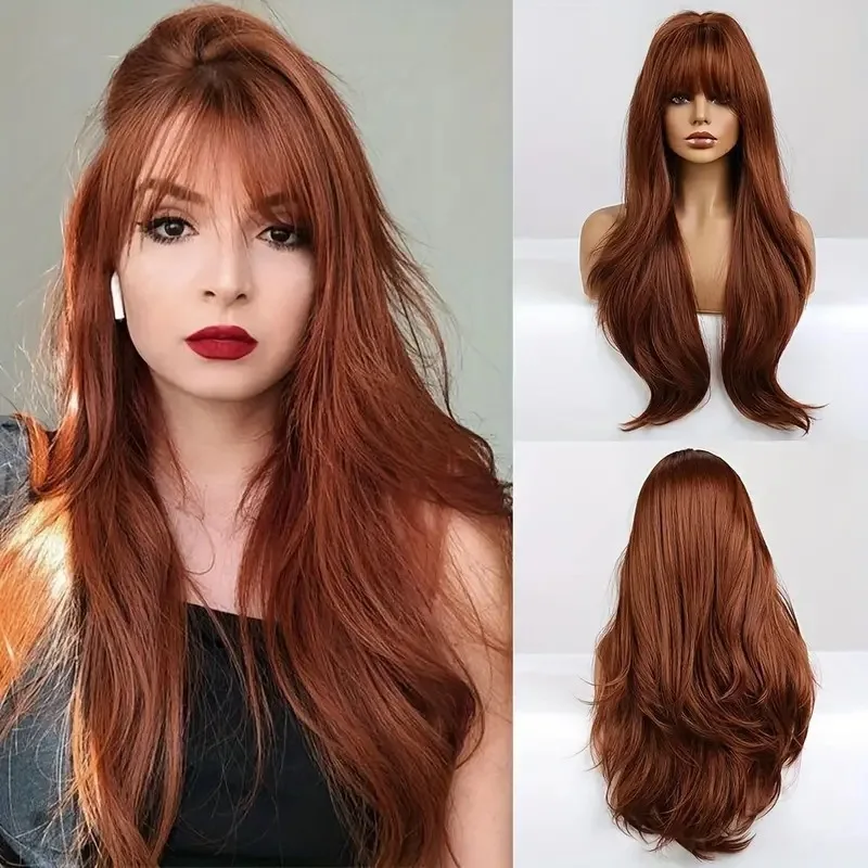 Fashionable hot girl long curly with bangs, red-brown slightly wavy face-shaping wig to cover white hair