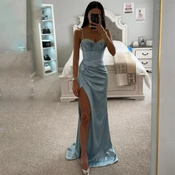 Graceful Blue Women's Mermaid Charming Evening Dresses Sexy Spaghetti Strap Prom Gowns Modern Side High Split Vestido De Noche