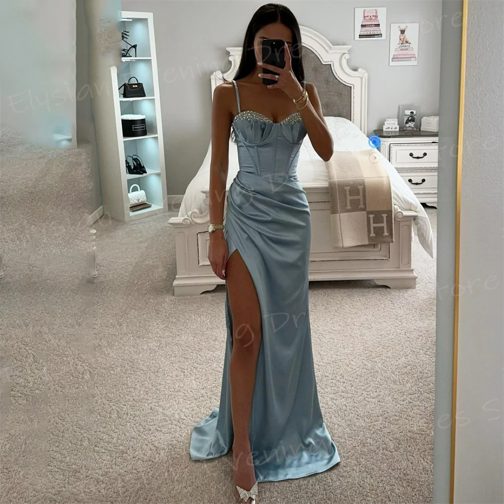 Graceful Blue Women's Mermaid Charming Evening Dresses Sexy Spaghetti Strap Prom Gowns Modern Side High Split Vestido De Noche