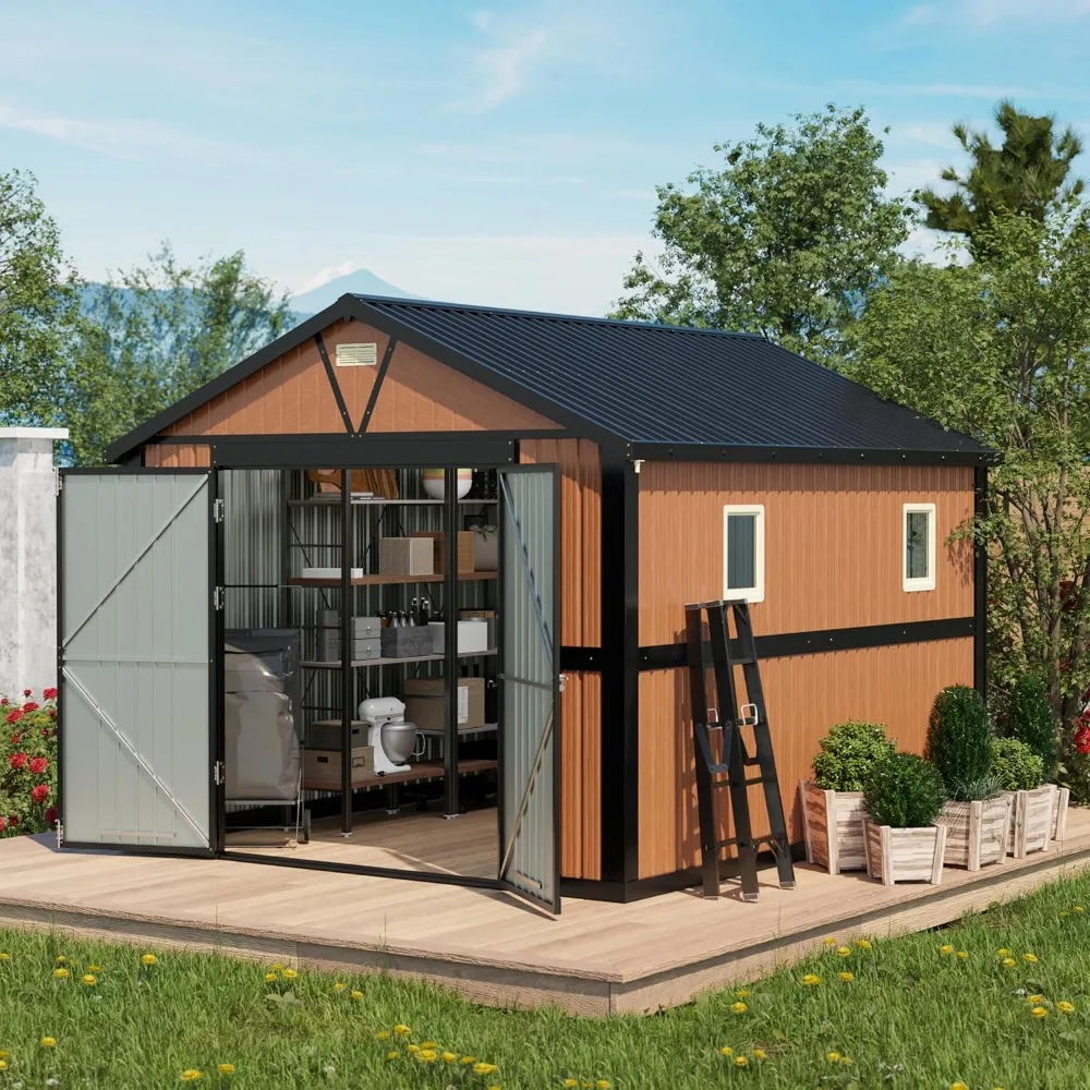 Outdoor Storage Shed, Extra Large Metal Shed with Lockable Doors, 2 Windows, Outside Steel Tiny House Ideal for Garden,