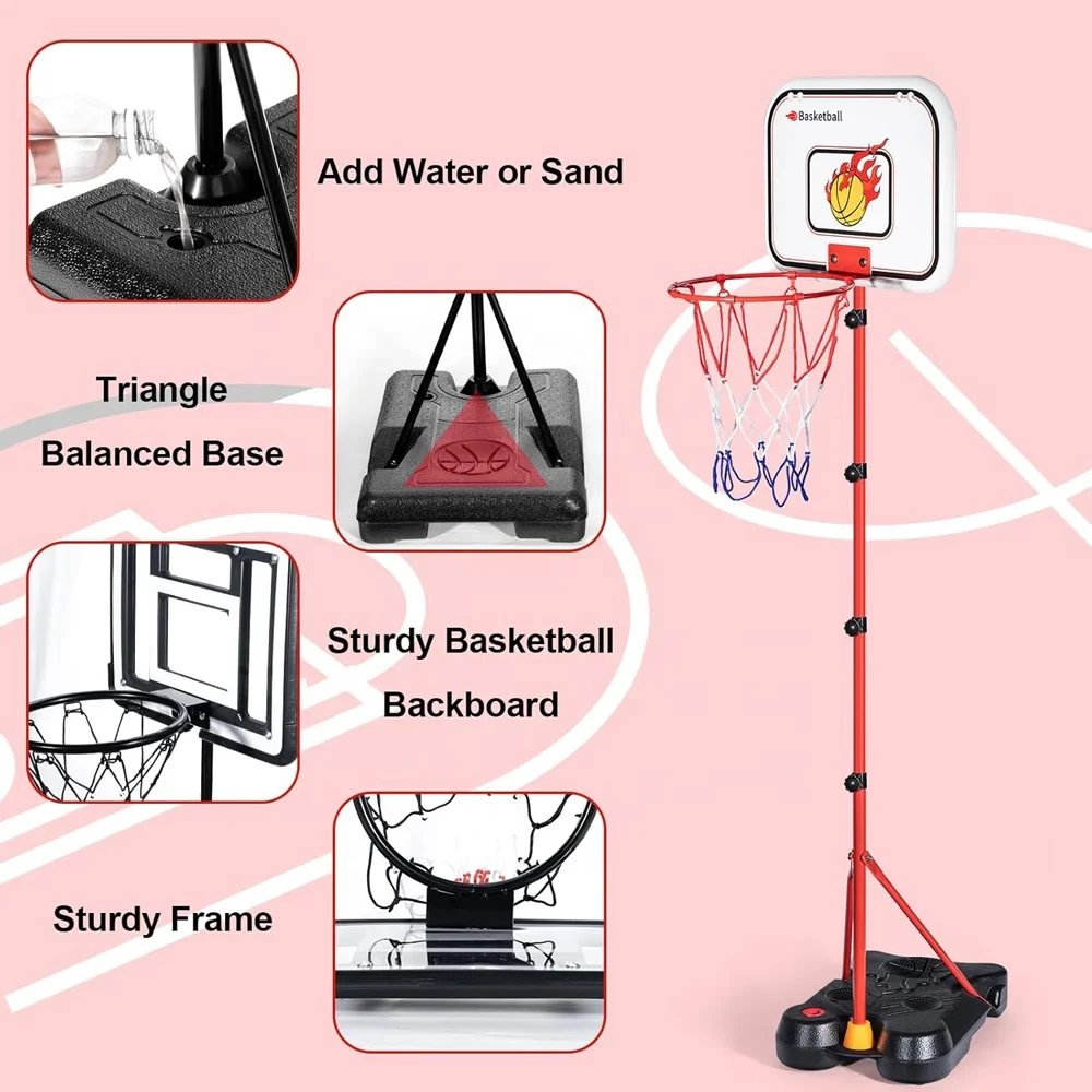 Set Bola Basket Anak 4 in 1 dengan Tiang Gantung, Set Baseball, Stand Bola Basket dengan Tinggi yang Dapat Disesuaikan untuk Olahraga Luar Ruangan, Dalam Ruangan, dan Kolam Renang