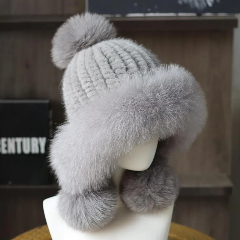Mink Fur Hat for Women Winter Real Fur Ear Protection Hat handmade knitted Cap With Fox Fur Pompom Luxury Women natural fur cap