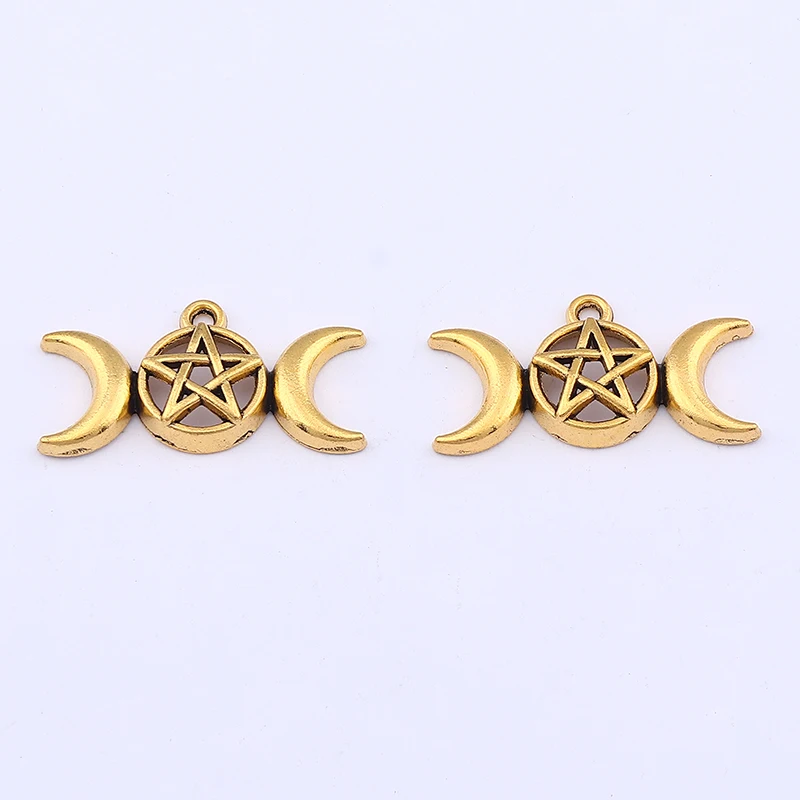 ZXZ 20pcs Antique Gold Color Triple Moon Goddess Pentagram Pentacle Charms Pendants Wicca Pagan 30x16mm
