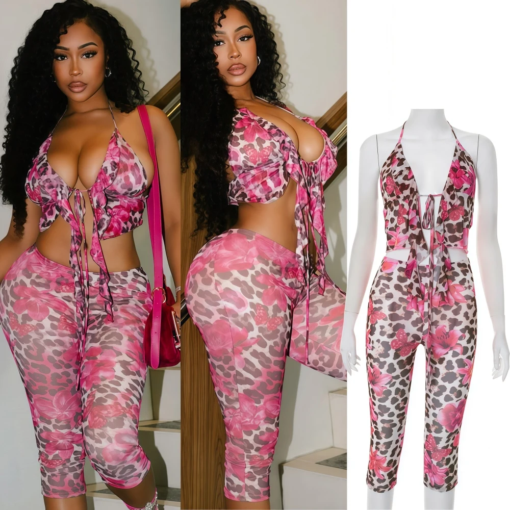 

FAGADOER Sexy Pink Floral Leopard Print 2 Pieces Set for Woman Spaghetti Strap Backless Ruffles Lace Up Crop Top + Pants Outfits