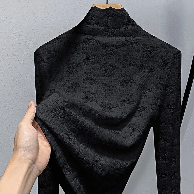 Turtleneck Base Womans Shirt Women Small Floral Print Solid Color Lace Girl Top Warm Inner Layer Fleece-lined Thickened Lady Top